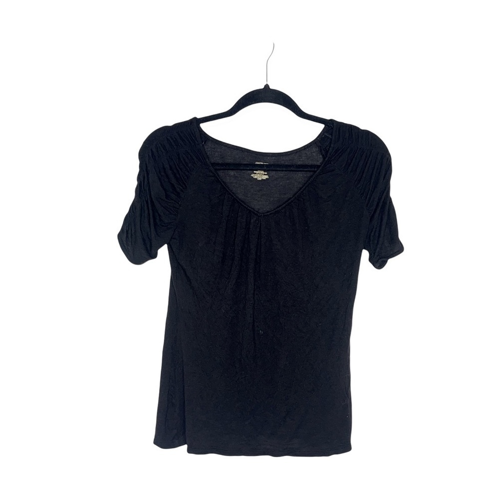 JENNIFER LOPEZ Black V-Neck Short Sleeve Top with Shoulder Ruching S